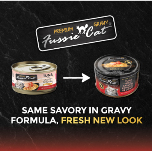 (原箱優惠)(新包裝) Fussie Cat 80g Premium Gravy Black Label ((Tuna with Salmon Formula)) in Gravy 全齡肉汁主食罐 極品吞拿魚+三文魚 80克 X24罐 (FUG-GRC) (原箱優惠)(新包裝) Fussie Cat 80g Premium Gravy Black Label ((Tuna with Salmon Formula)) in Gravy 全齡肉汁主食罐 極品吞拿魚+三文魚 80克 X24罐 (FUG-GRC)